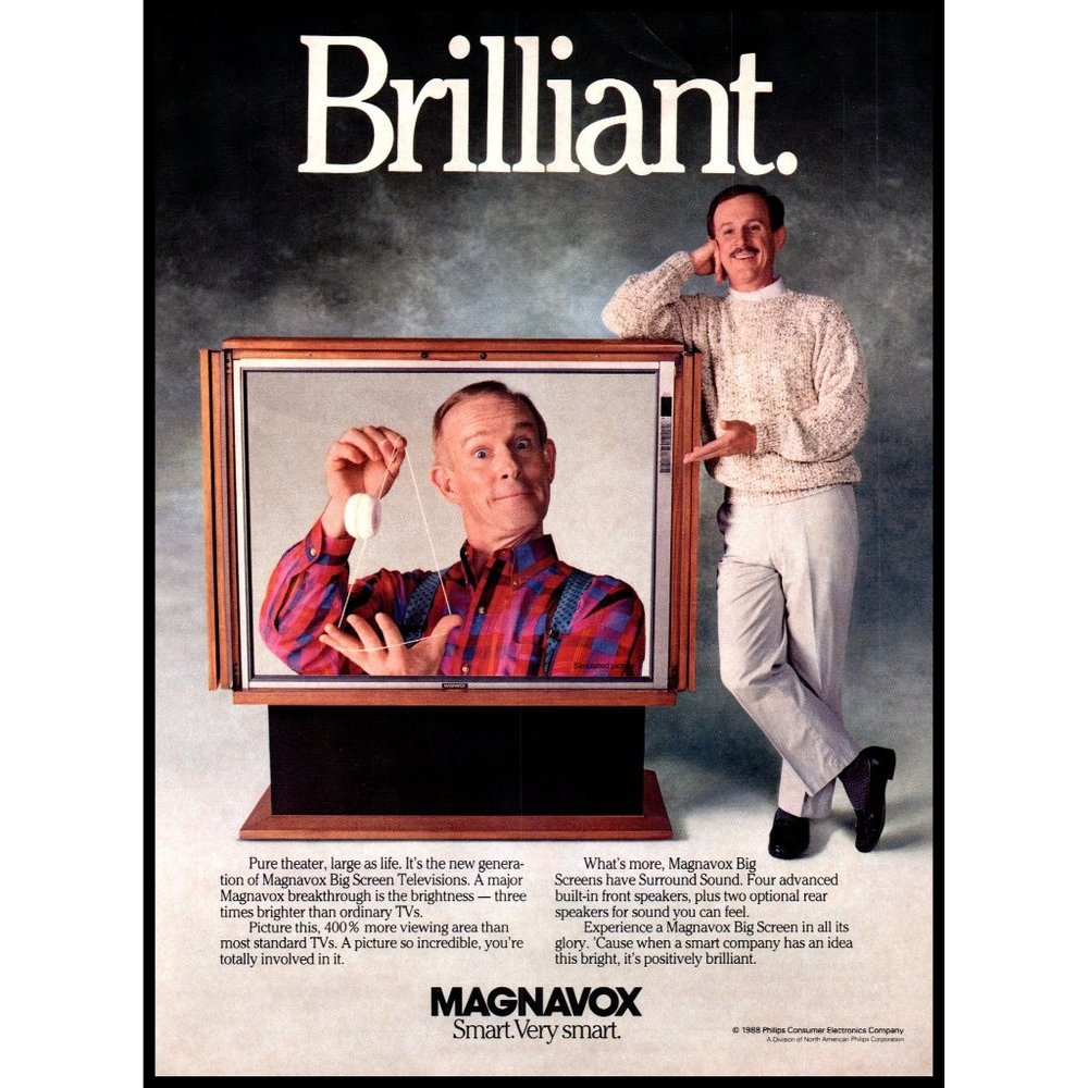 1989 Magnavox Big Screen TV Vintage Print Ad Smothers Brothers Yoyo Wall Art